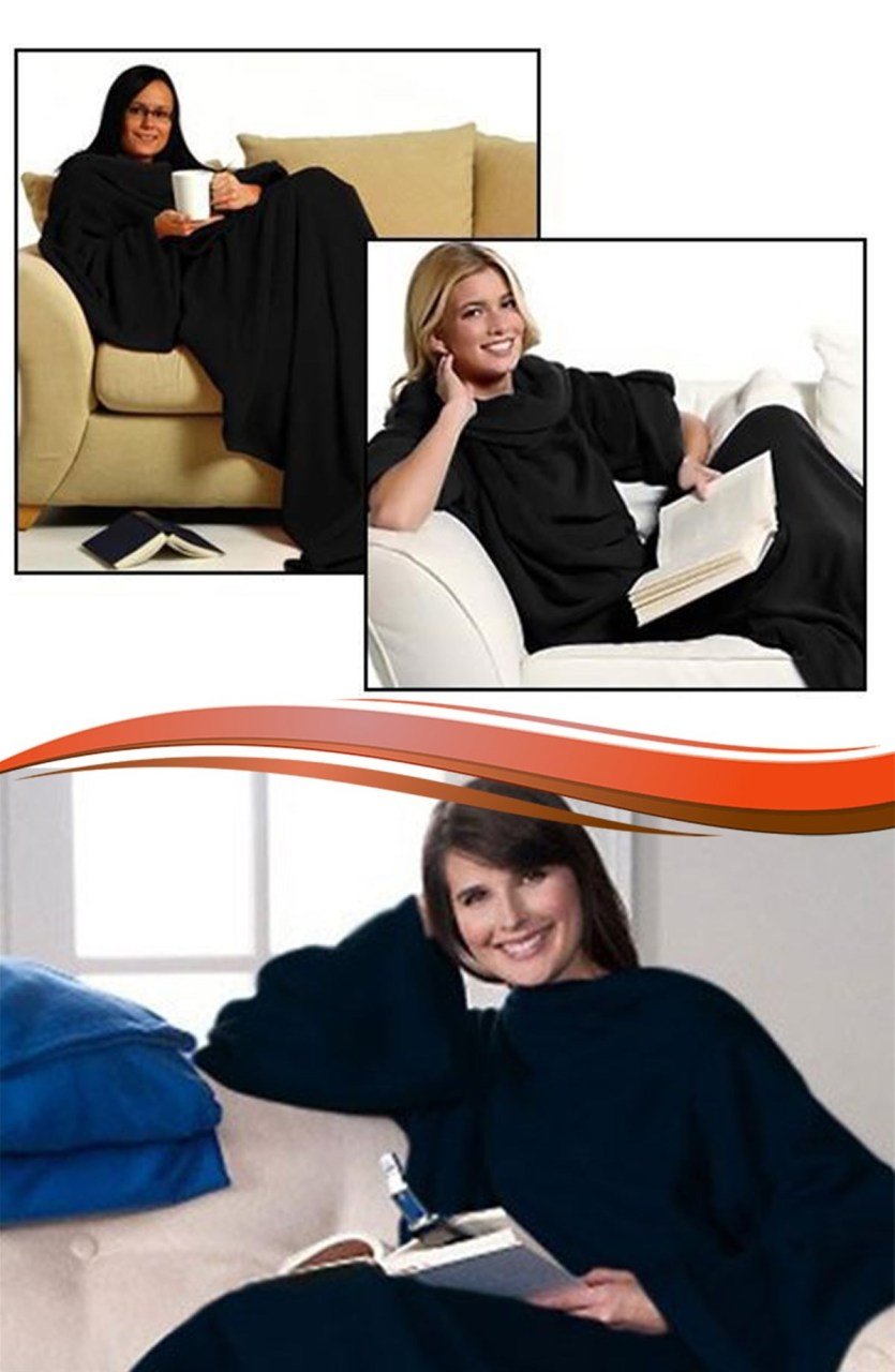 BUFFER® Kışın Sıcak Tutan Kollu Giyilebilir Polar Kumaş Siyah Battaniye