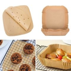 BUFFER® 200 Adet Air Fryer Pişirme Kağıdı Tek Kullanımlık Yağlı Kağıdı Kare Delikli ve Tabak Model