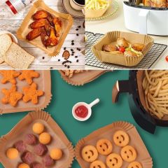 BUFFER® 200 Adet Air Fryer Pişirme Kağıdı Tek Kullanımlık Yağlı Kağıdı Kare Delikli ve Tabak Model
