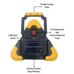 BUFFER® Işıklı İkaz Lambası Şarjlı USB Kablolu Güneş Enerjili Çok Amaçlı Reflektör