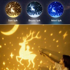BUFFER® 6 Fonksiyonlu Renkli Döner USBli Gece Lambası Gökyüzü Projeksiyonlu Dekor Aydınlatma