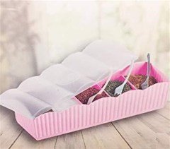 BUFFER® 5 Bölmeli Kaşıklı Şeffaf Kapaklı Dekoratif Plastik Baharatlık