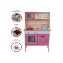 T1032 AHŞAP SU AKAN MUSLUKLU VE LEDLİ ÇOCUK MUTFAĞI PEMBE