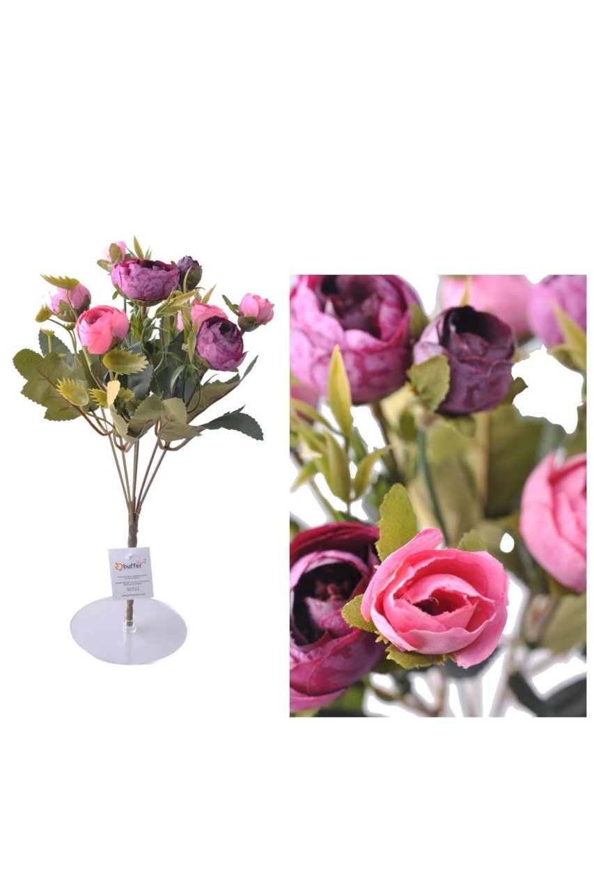 BUFFER® 6 Dallı 28 cm Şakayık Gül Yapay Çiçek Pembe Mor Dekoratif Çiçek