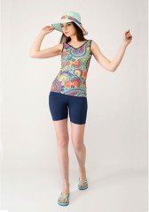 Emayo Kısa Taytlı Yarı Tesettür Mayo Tankini 1933 Mor/Lacivert