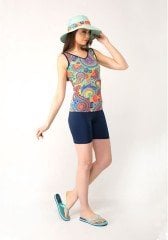 Emayo Kısa Taytlı Yarı Tesettür Mayo Tankini 1933 Mor/Lacivert