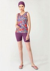 Emayo Kısa Taytlı Yarı Tesettür Mayo Tankini 1933 Mor/Lacivert