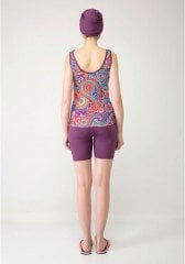 Emayo Kısa Taytlı Yarı Tesettür Mayo Tankini 1933 Mor/Lacivert