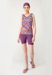 Emayo Kısa Taytlı Yarı Tesettür Mayo Tankini 1933 Mor/Lacivert