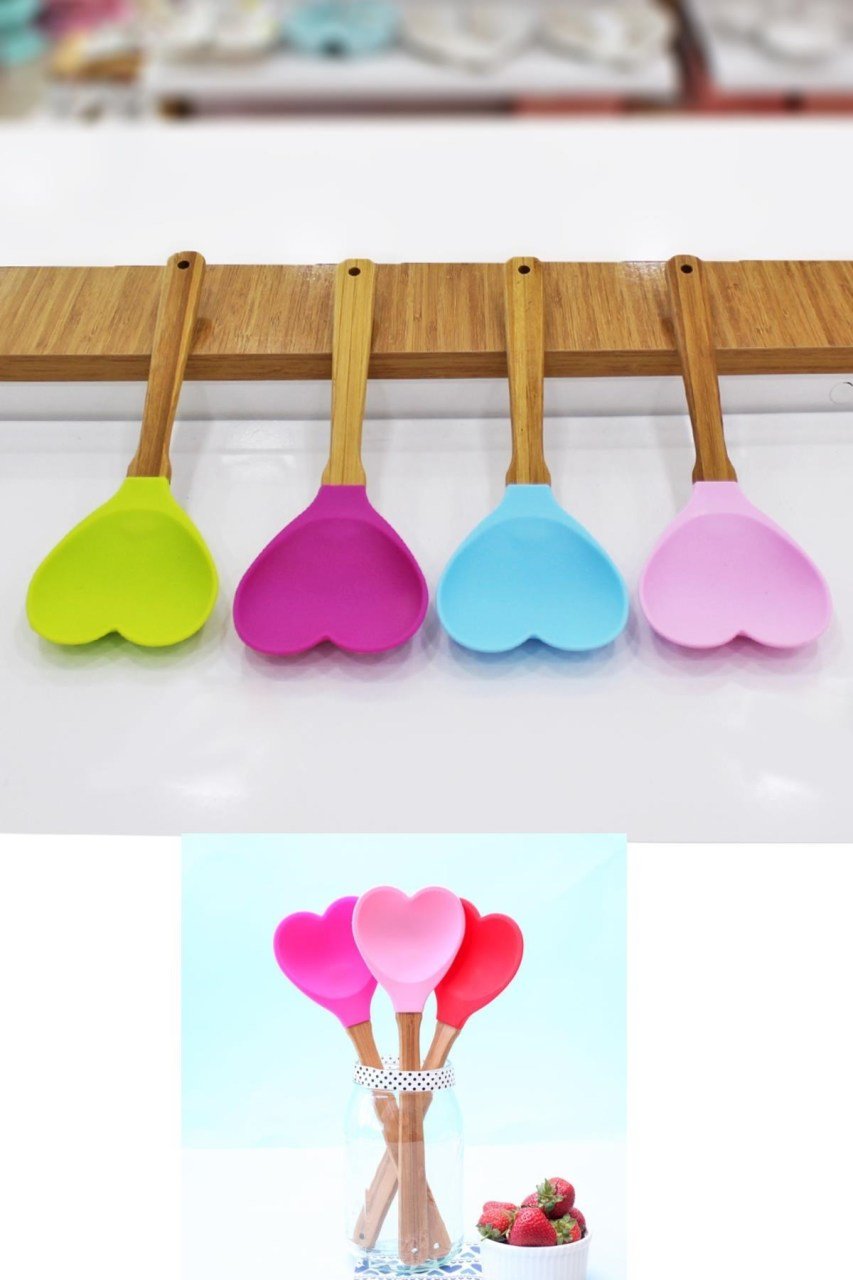 BUFFER® Dekoratif Kalp Şeklinde Ahşap Saplı Sevimli Slikon Spatula Kaşık