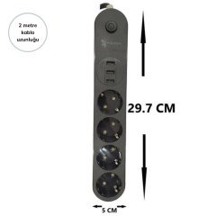 BUFFER® 4lü Siyah Anahtarlı 3 USB Li Akım Korumalı Topraklı Çocuk Korumalı Grup Priz 2 Metre