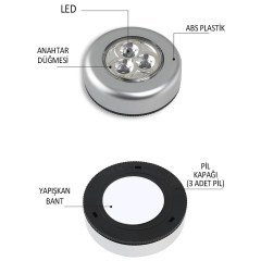 BUFFER® Kablosuz Spot Pilli Dokunmatik Led Lamba 3 Ledli Dolap Lambası