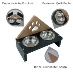 BUFFER® Ahşap Paslanmaz Çelik Kedi Köpek Toz Hazneli 2li Demonte Stand Metal Mama ve Su Kabı Kutusu