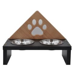 BUFFER® Ahşap Paslanmaz Çelik Kedi Köpek Toz Hazneli 2li Demonte Stand Metal Mama ve Su Kabı Kutusu
