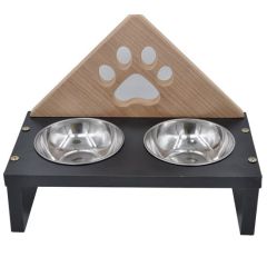 BUFFER® Ahşap Paslanmaz Çelik Kedi Köpek Toz Hazneli 2li Demonte Stand Metal Mama ve Su Kabı Kutusu