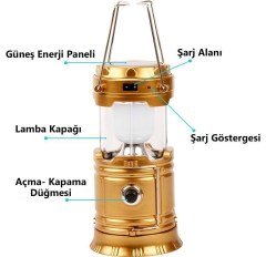 BUFFER® Güneş Enerjili Şarj Edilebilir Usb Girişli Kızaklı Kamp Feneri