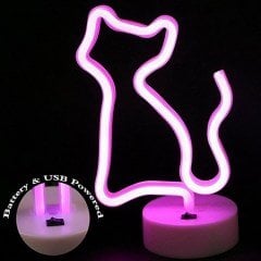 BUFFER® Pembe Kedi Neon Led Işıklı Usb Girişli Pilli Masa ve Gece Lambası