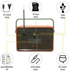 BUFFER® 507B Dekoratif Eskitme Nostalji Uzaktan Kumandalı Radyo Usb/Aux/Hafıza Kartı/Bluetooth/Şarjlı