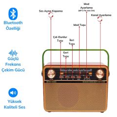 BUFFER® 505B Dekoratif Eskitme Nostalji Uzaktan Kumandalı Radyo Usb/Aux/Hafıza Kartı/Bluetooth/Şarjlı