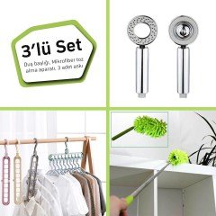 BUFFER® 3lü Fırsat Set Su Tasarruflu Duş Başlığı Toz Alma Aparatı Sihirli Askı