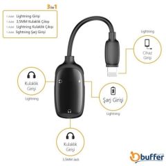 BUFFER® Çoklu Girişli Kulaklık ve Şarj Aleti Dönüştürücü Iphone 3 in 1 Lightning Adaptör