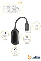 BUFFER® Çoklu Girişli Kulaklık ve Şarj Aleti Dönüştürücü Iphone 3 in 1 Lightning Adaptör