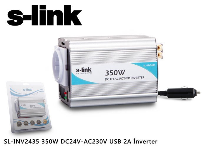 S-link SL-INV2435 350 Watt Solar İnvertör DC24V-AC230V USB 2A İnverter Dönüştürücü 24V to 220V