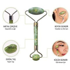 BUFFER® Özel Süngerli Kutusunda Kırılmaz Çift Taraflı 2li Cilt Yüz Masaj Aleti Jade Roller Yeşim Taşı