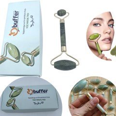 BUFFER® Özel Süngerli Kutusunda Kırılmaz Çift Taraflı 2li Cilt Yüz Masaj Aleti Jade Roller Yeşim Taşı