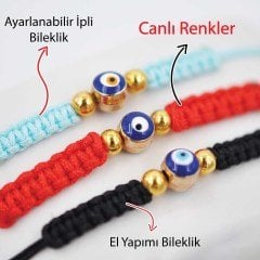 BUFFER® Nazar Boncuklu Kırmızı Mavi Siyah Renkli Ayarlanabilir Örgülü Hediyelik Bijuteri Elyapım İp Bileklik