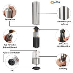 BUFFER® Pilli Işıklı Otomatik Ayarlanabilen Kalınlıklı Tuz Karabiber Baharat Değirmen Öğütücü