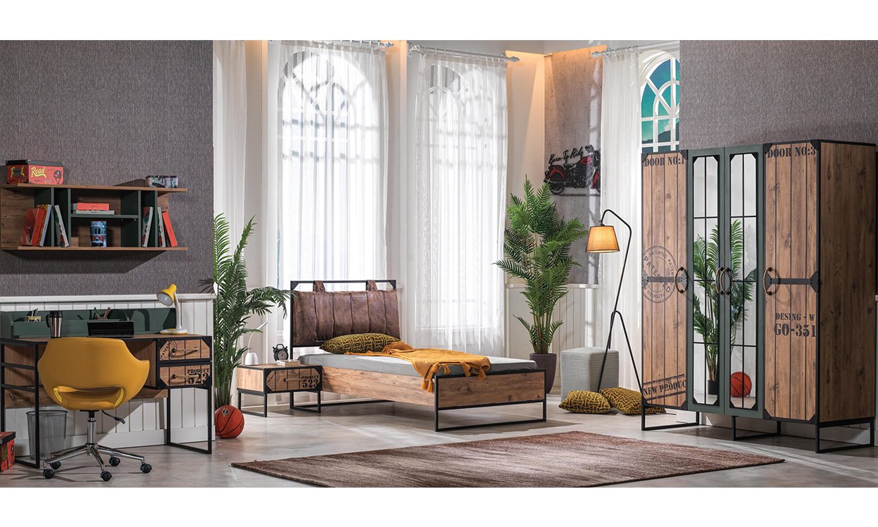 Loft Genç Odası Takımı (4 Kapılı Dolap * 100-200 Başlıklı Karyola* Komodin)