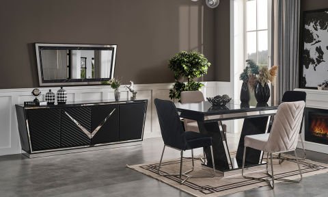 Lotus Metal Yemek Masası ve 4 Sandalye (Siyah)