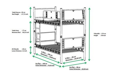 Efes Metal Ahşap Tek Kişilik Ranza 90*200 cm(Ceviz)
