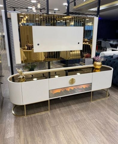 Guccix Ekru Şömineli  Tv Ünitesi