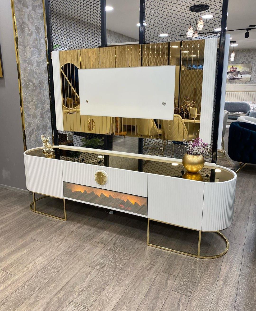 Guccix Ekru Şömineli  Tv Ünitesi