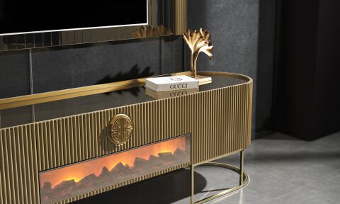 Guccix Golden Şömineli  Tv Ünitesi