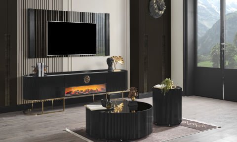 Guccix Siyah Gold  Şömineli  Tv Ünitesi