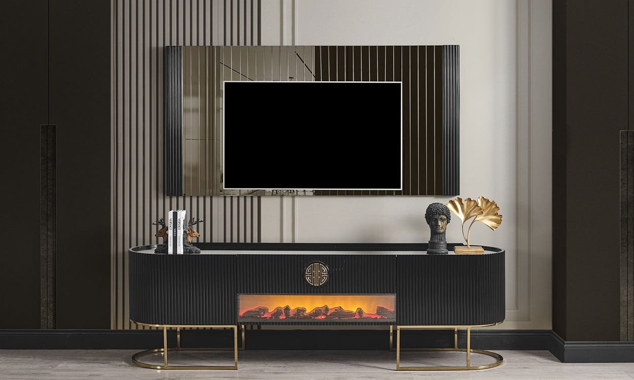 Guccix Siyah Gold  Şömineli  Tv Ünitesi
