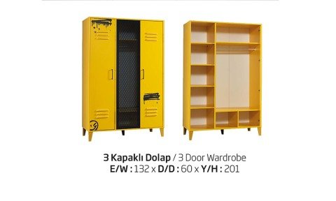 Maxi Genç Odası 3 Kapaklı Dolap (Sarı)