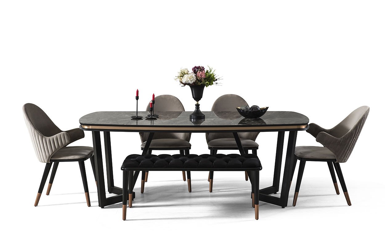 Tesla Siyah-Bronz Yemek Masası ve 4 Sandalye +1 Bench