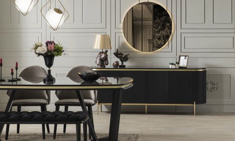 Tesla Siyah-Gold Yemek Masası ve 4 Sandalye + 1 Bench