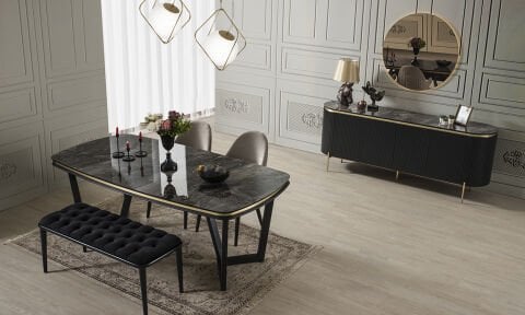 Tesla Siyah-Gold Yemek Masası ve 4 Sandalye + 1 Bench