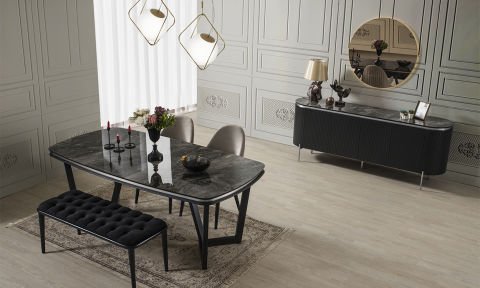 Tesla Siyah-Gümüş Yemek Masası ve 4 Sandalye + 1 Bench