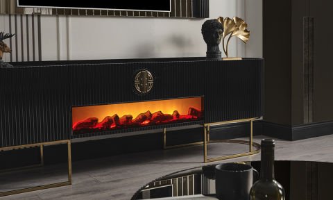 Guccix Siyah Gold Şömineli Tv Sehpası