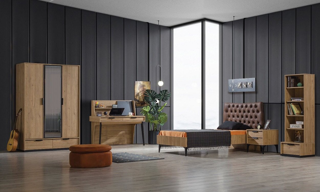 Kolezyum Ceviz Genç Odası Takımı (3 Kapılı Dolap, Komodin, 100*200 cm Başlıklı Karyola)