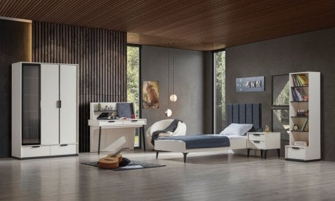Kolezyum Ay Tek Kapak Reflekte Genç Odası Takımı (3 Kapılı Dolap, Komodin, 100*200 cm Başlıklı Karyola)