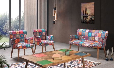 Liya Patchwork  2+1+1+Sehpalı Çay Seti (Balkon, Salon, Ofis, Cafe)
