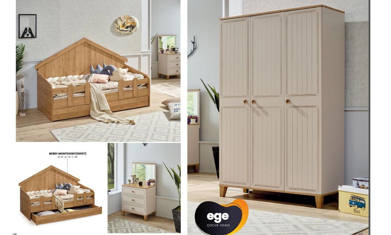 Ege Çocuk Odası (Montessori, 4 Kapılı Dolap, Aynalı Şifonyer)
