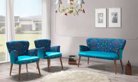 Etnik Desen Turkuaz 2+1+1+Sehpalı Çay Seti (Balkon, Salon, Ofis, Cafe)